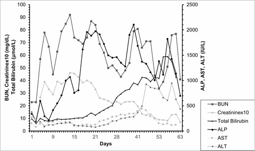 Progression of selected laboratory values representing disease progression. Creatinine values were multiplied by 10 for visualization purposes. BUN, blood urea nitrogen; ALP, alkaline phosphatase; ALT, alanine transaminase; AST, aspartate transaminase.