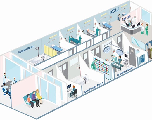 Illustration of a main Burn Unit located on the general ICU floor, with representation of an unconventional “open-space design” facilitating clinical and logistic workflows. Depicted locations comprise essentially the isolation box and regular rooms, the general ICU area, the main operating theater, and the hydrotherapy room, as well as other areas such as the reception desk, the technical room, the storage room, the meeting room, the office, and the waiting room. ICU, intensive care unit.